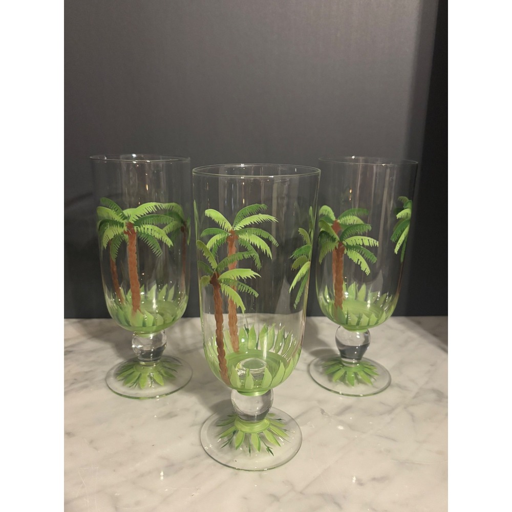 Hand Painted Palm Tree Drinking Glasses Set of 3 Tropical Coastal Stemware 7.25"